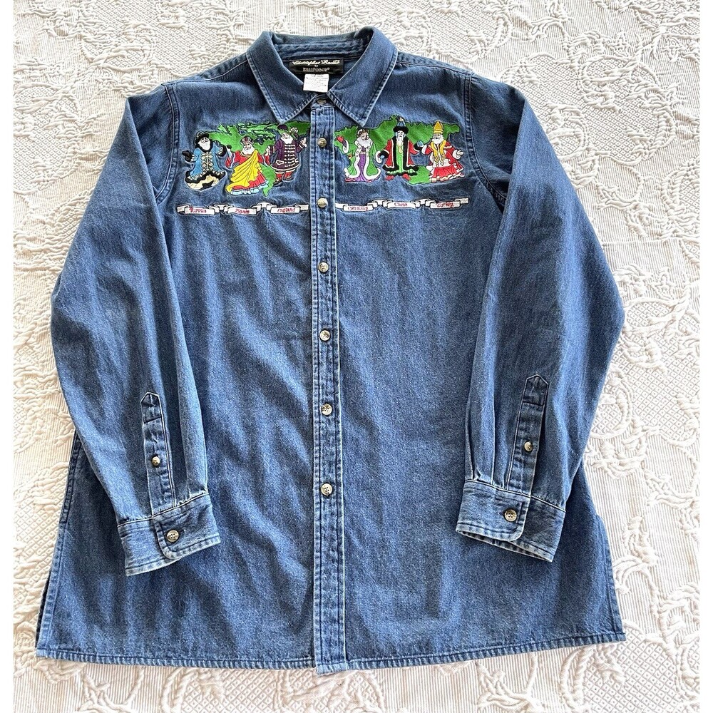Vtg Christopher Radko By Bellepoint Around The World Santas Denim Shirt Medium